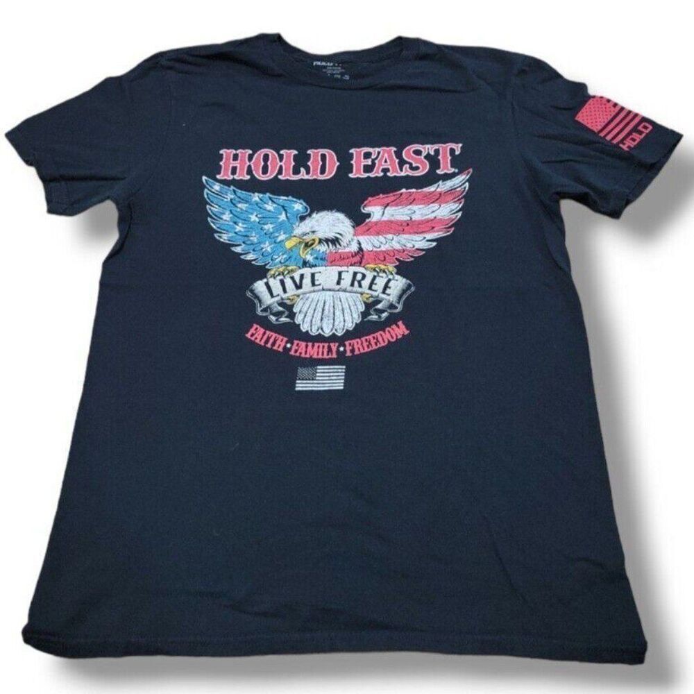 Hold Fast Shirt Size Medium American Flag Bald Eagle "Live Free" Graphic Tee EUC